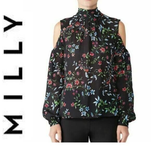 MILLY long sleeve 100% silk floral printed cold shoulder Dana Top blouse size 6 - Picture 1 of 12